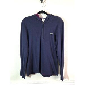 Lacoste Mens Size 5 XL Navy Blue Hooded Quarter Zip Pullover Cotton Nylon